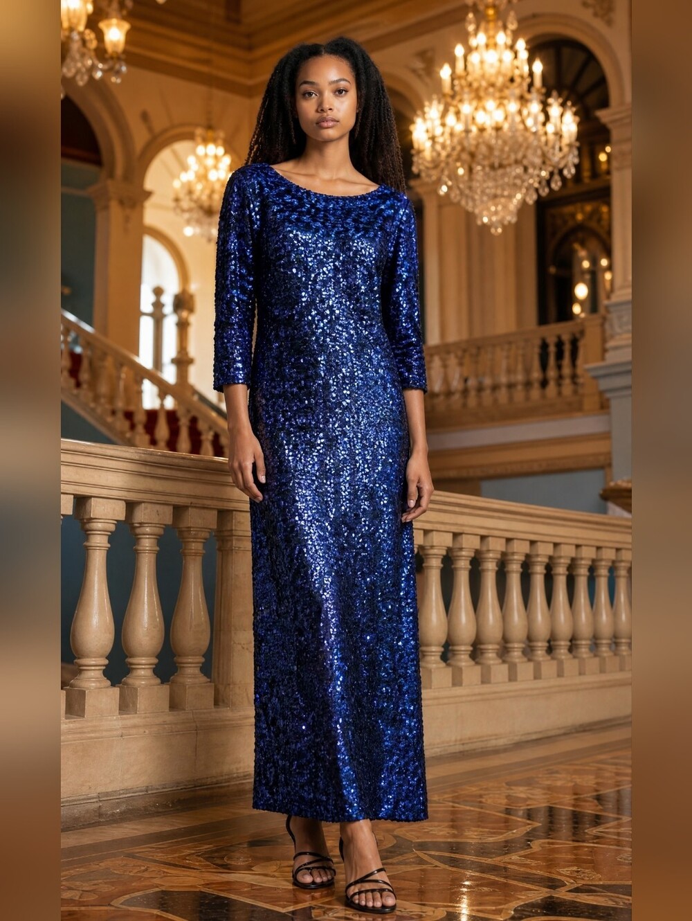 Vintage Lilli Diamond of California Black w/Royal Blue Sequin Knit Glamour Gown